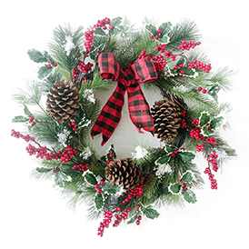 Red and black check bow pinecone wreath